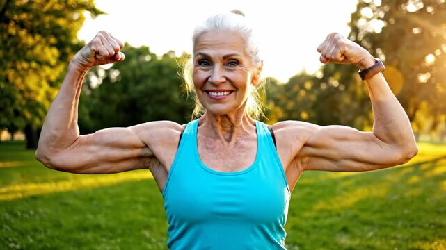 happy senior caucasian woman flexing biceps in sunny park. healthy aging, active lifestyle, fitness concept. strong elderly female showing muscles outdoors. health, wellness, retirement.