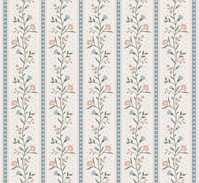 Seamless vintage floral stripe pattern with climbing botanical vines, bell flowers and roses in pastel blue, blush pink and sage green on cream background. Perfect for fabric and wallpaper.