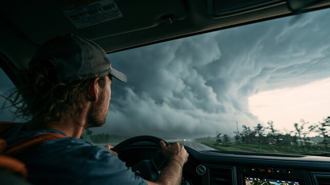 Storm Chasing Adventure: Driving Through Dangerous Thunderstorms with Dramatic Storm Clouds and Turbulent Weather