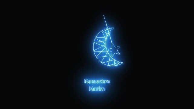 Ramadan karim animation with blue neon. Ramadan karim moon and star symbol. Ramadan karim digital religious holiday graphic on black background.