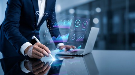 Naklejka premium Business professional analyzing data on laptop with digital graphs and charts overlay in modern office