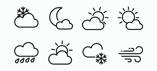 Obraz premium Set of weather line icons featuring sun cloud rain snow moon and wind symbols for forecast mobile apps and web interface.