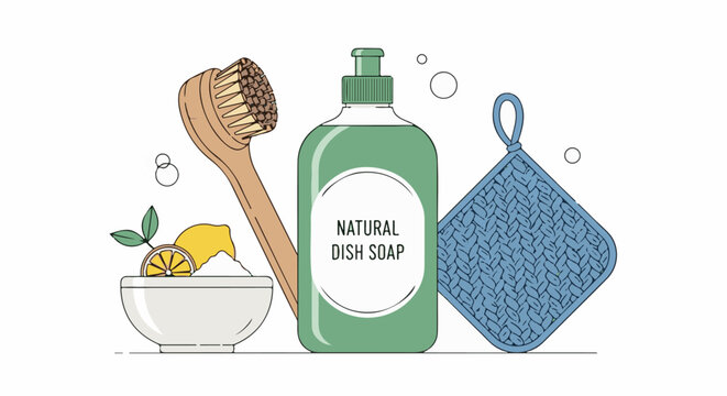 Dish soap with lemon, brush, and pot holder for cleaning tasks