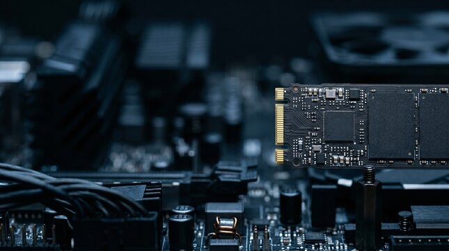 Modern SSD module, flash chip array and gold edge connector, motherboard environment