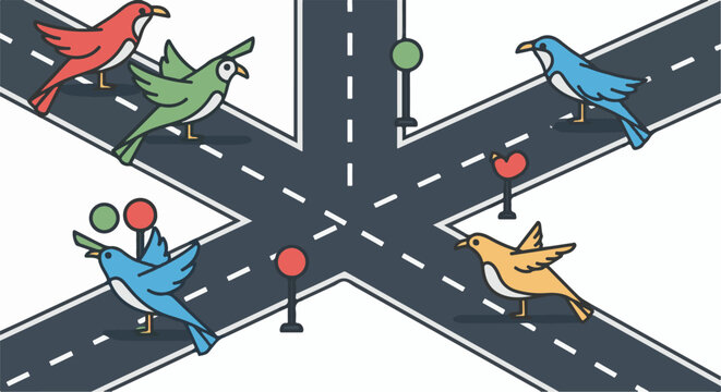 Diverse birds navigate a busy, multi-lane intersection with traffic signals