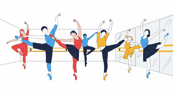 Diverse dancers practice ballet in a studio with mirrors and barre