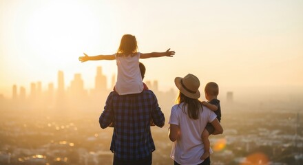 Fototapeta premium Happy Family Enjoying Scenic City View at Sunset, Father Carrying Daug