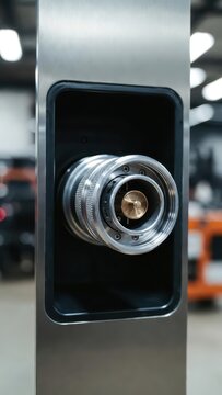 Close-up of a polished metal connector with intricate knurling and brass fitting on a sleek stand.