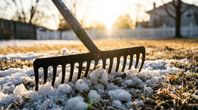 A garden rake clearing snow from the grass in the morning, seasonal yard maintenance concept