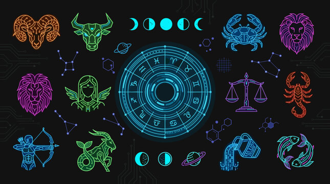 Zodiac signs and astrology symbols collage.