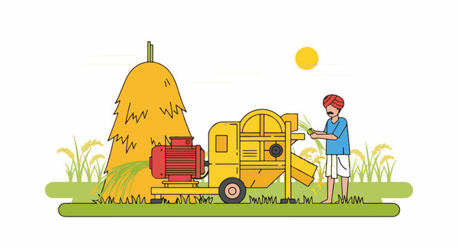Farmer operating a thresher machine with a haystack and crops