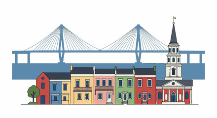 Fototapeta premium Colorful row of buildings and a tall church steeple against a bridge