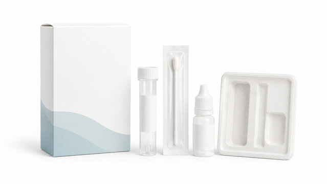 at home wellness test kit mockup with blank packaging and clean white setting