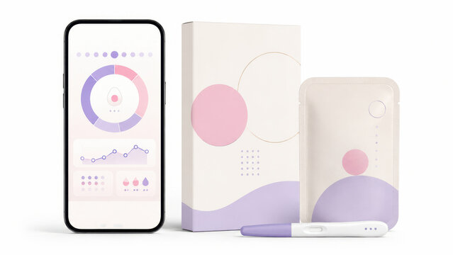 femtech test kit mockup with smartphone app interface and blank wellness packaging