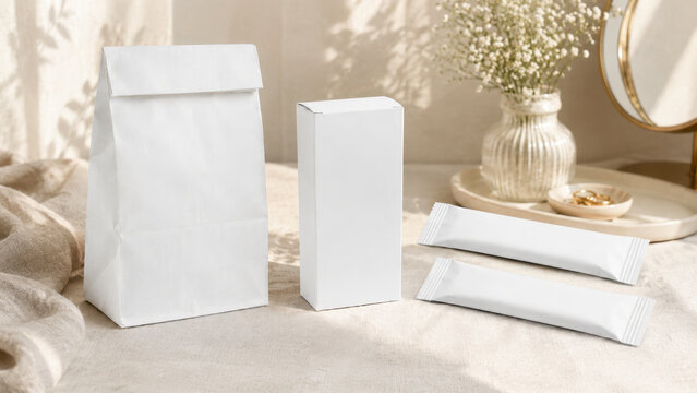 discreet healthcare packaging mockup with blank box and minimal white product layout