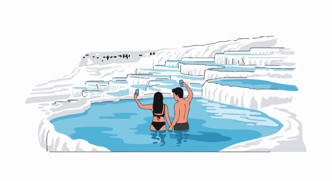 Couple taking selfie in natural thermal pools with white terraces
