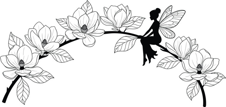 Fantasy fairy silhouette sitting on magnolia branch with detailed flowers and leaves, decorative black and white illustration blending nature and imagination for design and art references
