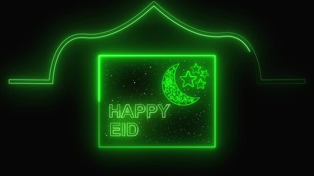 Eid greeting animation with green neon. Eid greeting mosque arch and stars. Eid greeting digital religious holiday graphic on black background.