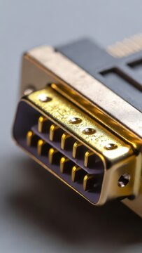 Macro shot of a gold-plated DVI-I connector, highlighting its pins and metallic sheen