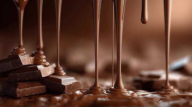 Melted chocolate pouring on chocolate pieces.