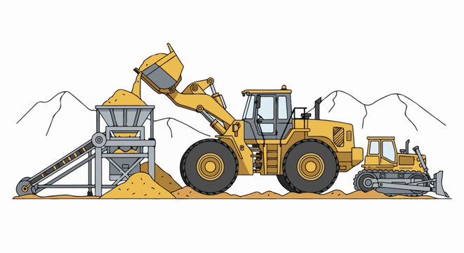 Construction site with loader dumping material into hopper and dozer nearby