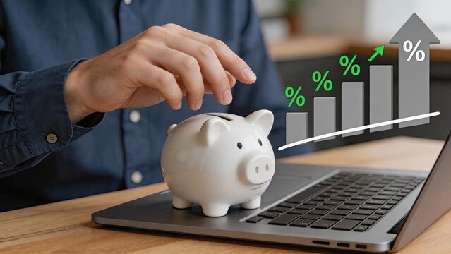 Person putting coin in piggy bank with rising percentage bar graph, financial savings investment growth and money management concept