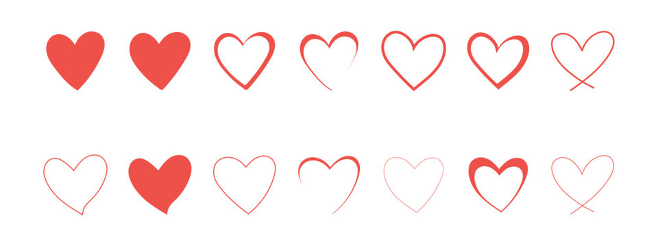 Hand drawn doodles hearts set. Various different hand drawn heart icon. Red heart symbol. Vector illustration 