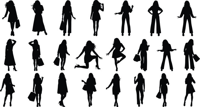 Fashion silhouettes of diverse women posing in stylish clothing, walking, standing, and holding handbags, modern design illustration for modeling, advertising, and fashion industry references