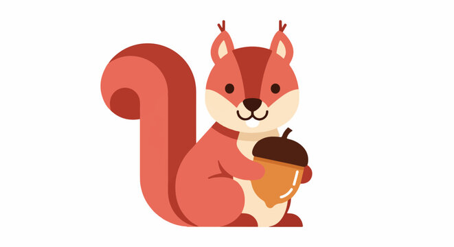 Cute red squirrel holding an acorn with a big fluffy tail