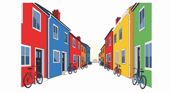Colorful row houses line a street with parked bicycles