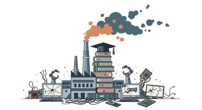 Factory of knowledge: Stacked books with graduation cap illustration