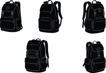 Backpack silhouettes, flap covers, buckle straps, zippered pockets, rugged styles, black vector, travel gear, fashion icons, accessory set, bag illustration © Fenshi