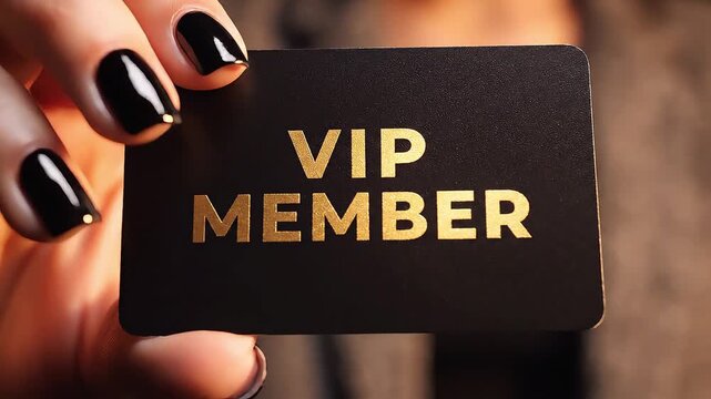 Close-up of a hand holding a black VIP member card with bold gold lettering, nails painted glossy black, and a blurred background