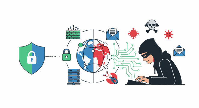 Cyber threat illustration hacker attacks global network, malware, data breach
