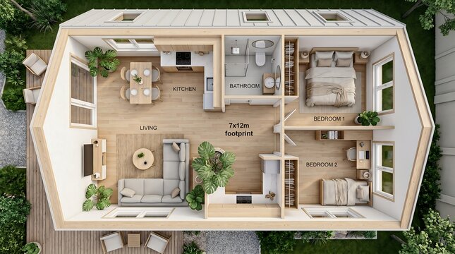 modern compact house floor plan 3D render with two bedrooms open living room and kitchen layout.