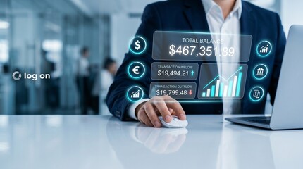 Fototapeta premium Business professional analyzing financial data on a computer with digital graphics overlay