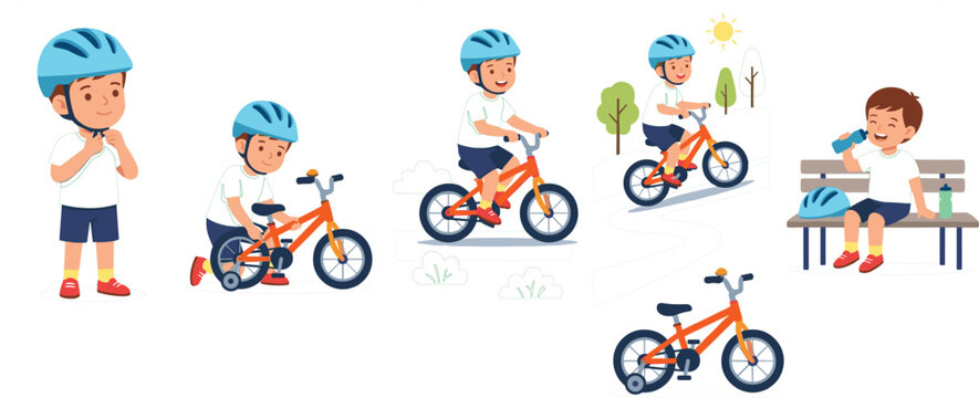 Little boy learning to ride bicycle with helmet child cycling training stages cartoon flat vector illustration collection