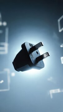 Black UK electrical plug floating in a futuristic, abstract, glowing blue digital environment