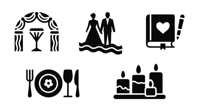 Wedding and Celebration icon collection including arch, bride and groom, guestbook, dinner table and candles for event invitation and decor vector design.