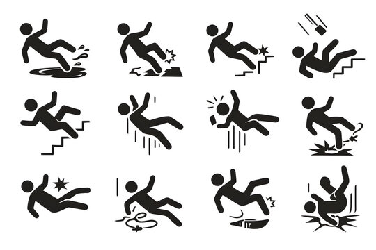 Slip and fall accident warning icons, workplace safety hazard symbols, falling person pictogram collection. Wet floor, ladder fall, staircase accident, trip hazard, industrial safety, construction ris