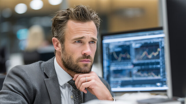 Modern Financial Analyst Working Late High-Rise Office Dual-Monitor Stock Charts Cinematic

