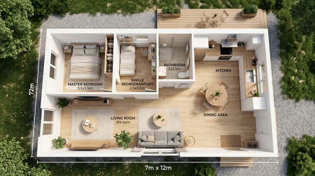 modern minimalist house floor plan 3D render with two bedrooms open living space and kitchen layout.