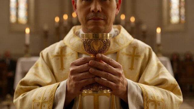 Priest holding a golden chalice during a Catholic Mass. Close up of hands with Holy Communion cup for the Eucharist celebration