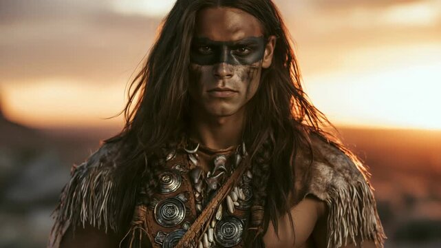 close up face of a handsome Native American Indian man with black paint across his eyes against a glowing desert sunset background, dramatic tribal portrait atmosphere