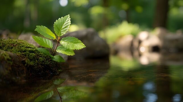 A delicate green leaf rests on moss near still water beautifully capturing the reflections of a lush sun d d forest environment