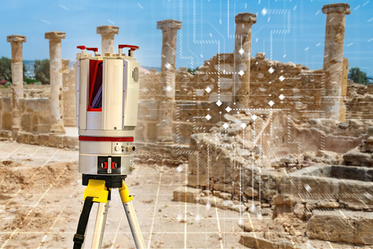 Archaeological surveying, heritage site documentation. Laser scanner records ancient ruins and columns for 3D mapping, preservation and digital reconstruction.