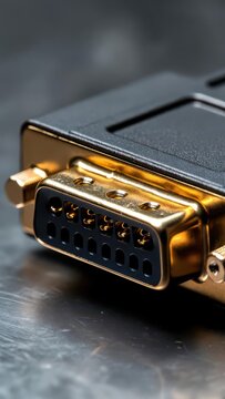Close-up of a gold-plated DE-9 serial port connector with black housing on metallic surface
