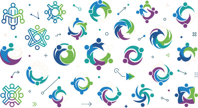 Abstract colorful community and teamwork logos collection with people connection collaboration and networking vector illustration set