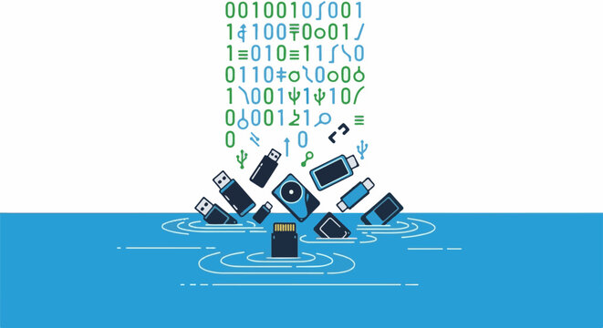 Digital data devices submerged in blue water with binary code above