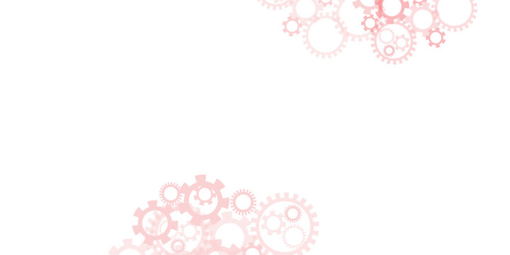 Scattered pink gears arrangement on a white background with transparent mechanism machinery industry